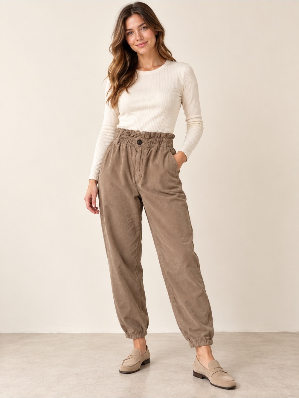 Zara Brown Corduroy Paperbag Waist Tapered Pants Size 6